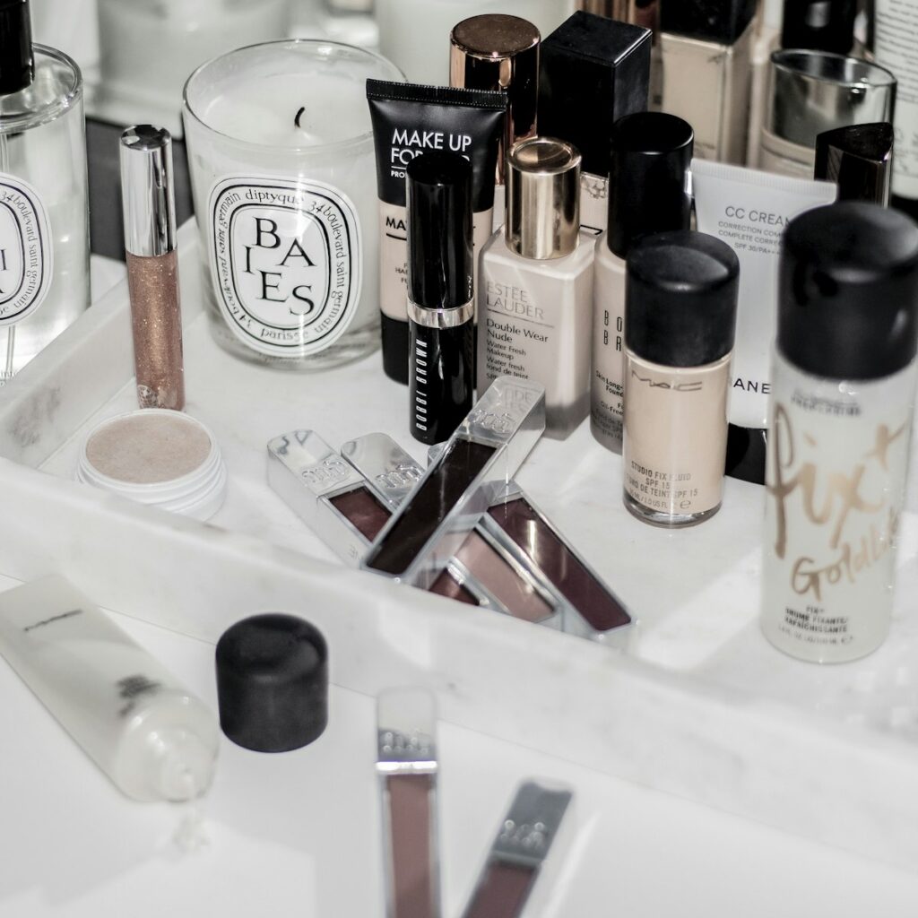 Makeup brushes on white table