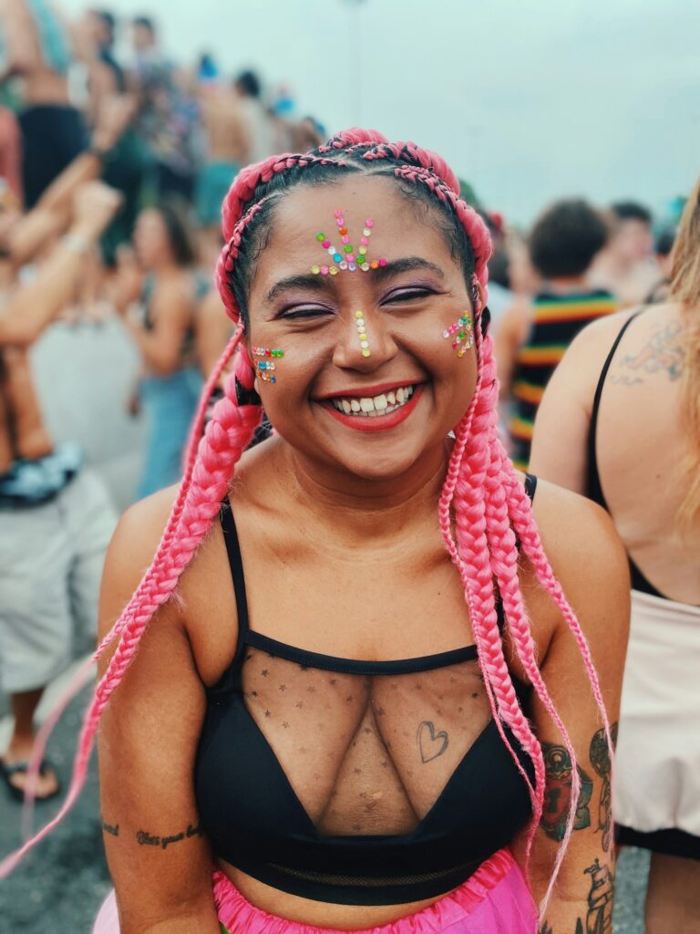 Glittery festival makeup look in soft daylight