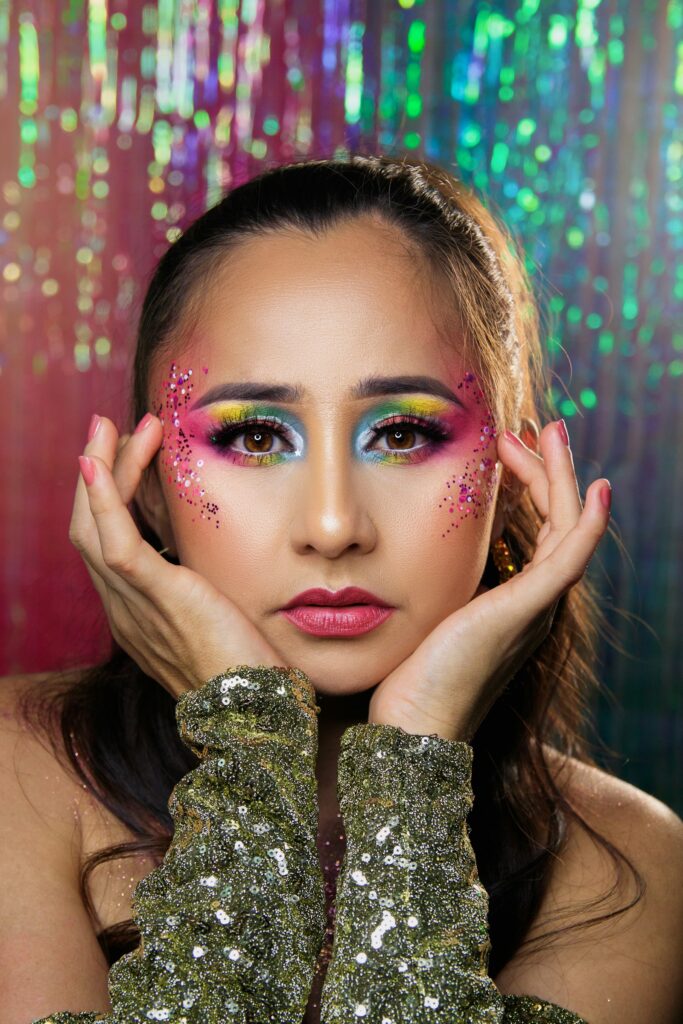 Festive new year makeup mood with sparkle and warm light
