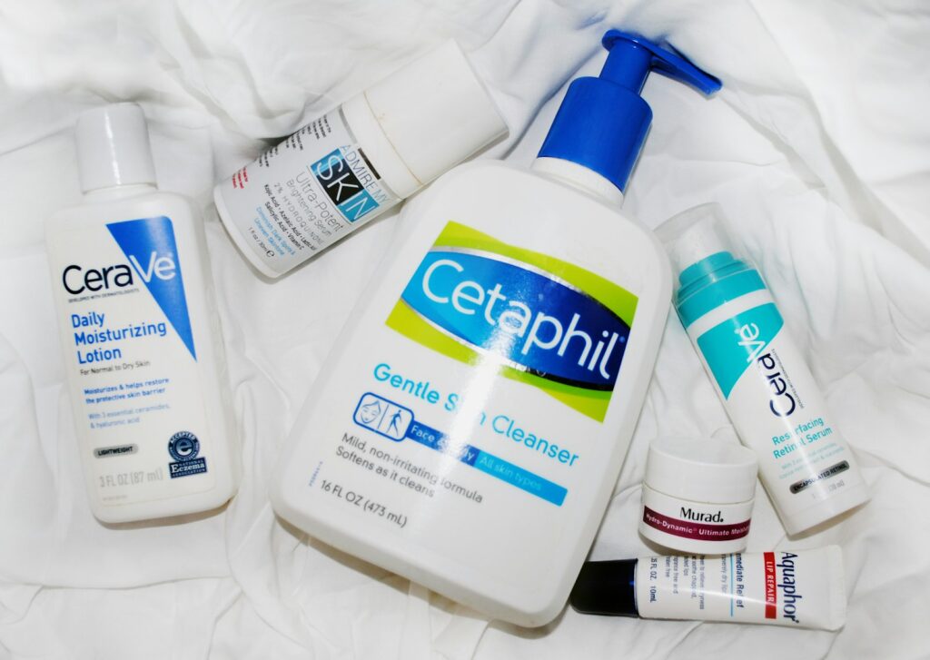 Calm winter skincare flat lay with gentle bottles