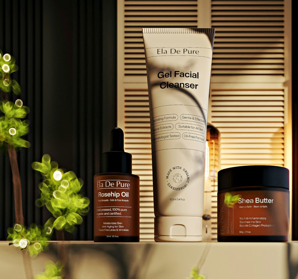 Three skincare bottles arranged on a shelf