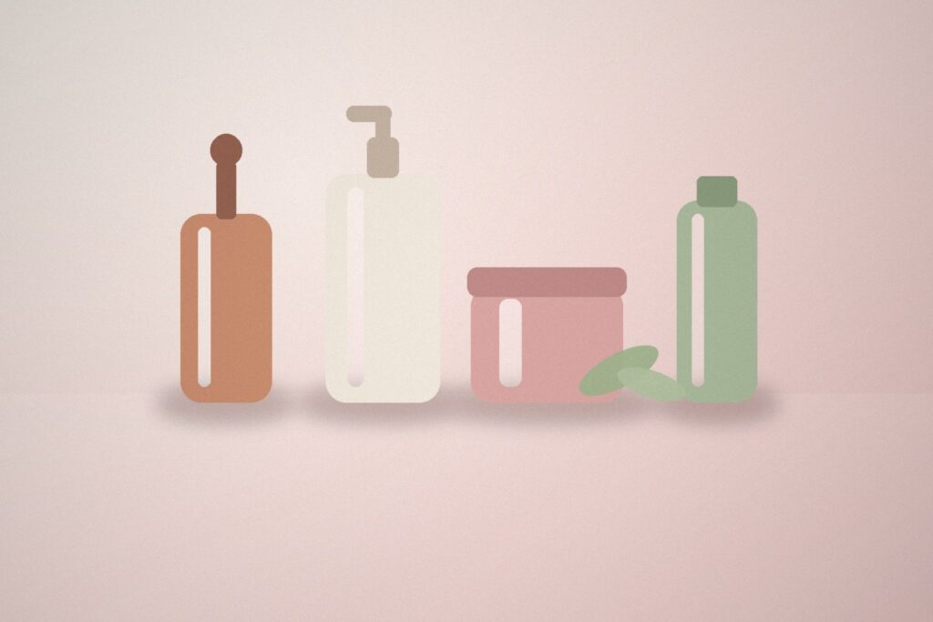Illustration of four skincare bottles and a jar on a soft pink surface