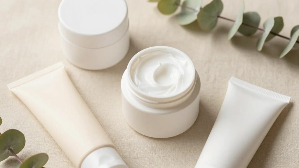 Open jar of rich white ceramide moisturizer beside cream jars and tubes on a neutral linen surface