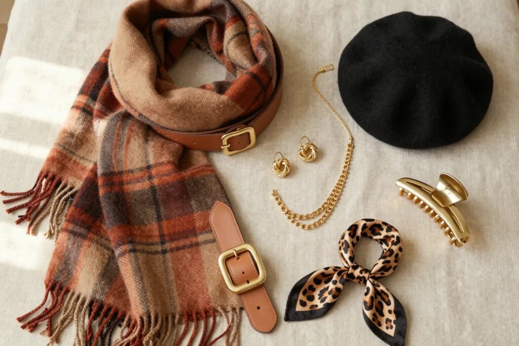 Flat lay of fall 2026 accessories on linen: plaid tassel blanket scarf, wide tan leather belt with gold buckle, chunky gold knot earrings, layered gold chain necklace, leopard silk neck scarf, black wool beret and a gold claw clip