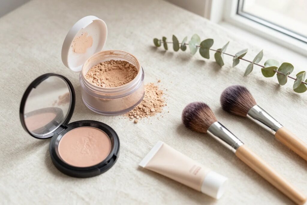 Loose mineral powder foundation, a pressed mineral blush compact, a tinted mineral SPF tube and two kabuki brushes arranged on cream linen in soft daylight