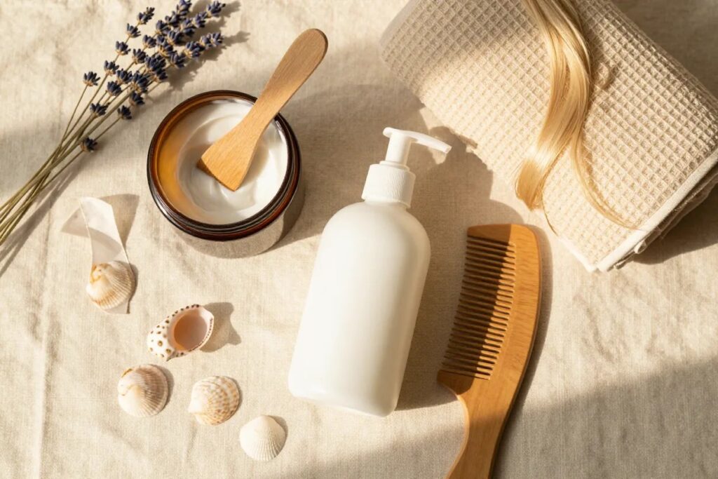 Post-summer hair repair flat-lay with an open jar of hair mask, wide-tooth comb, towel and seashells on cream linen