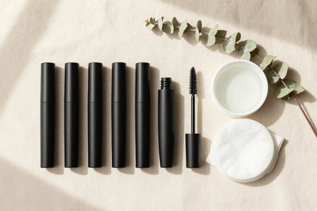 Flat lay of black mascara tubes with a wand, a dish of warm water and a cotton pad on cream linen