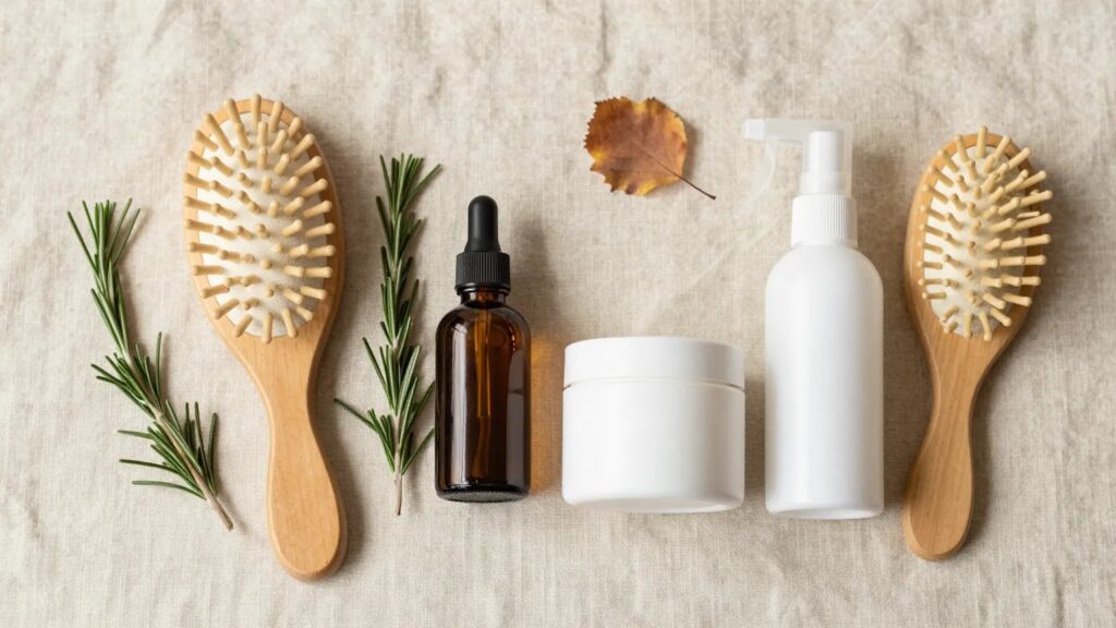 Flat lay of fall scalp-care essentials: wooden scalp brush, amber rosemary oil dropper bottle, white scalp scrub jar, spray mist and a detangling brush on linen with rosemary sprigs