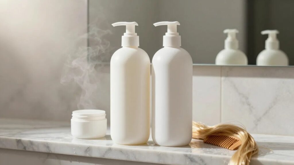 Two white shampoo and conditioner pump bottles on a steamy marble bathroom shelf with a comb and a lock of blonde hair