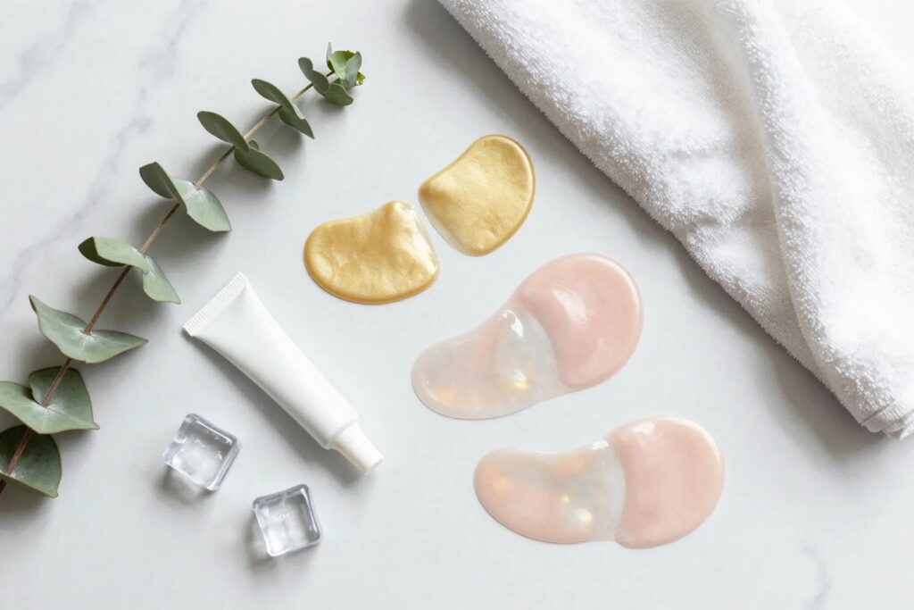 Gold and pink hydrogel under-eye patches on marble with an eye gel tube, ice cubes and eucalyptus