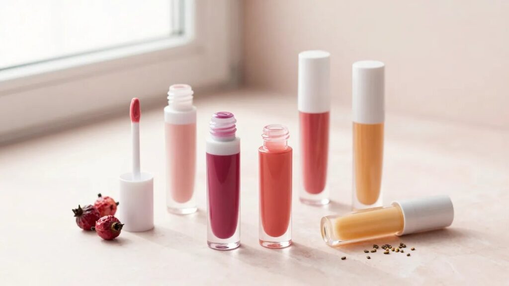 Sheer tinted lip oils in pink, berry, coral and honey shades on a blush marble surface with rose hips