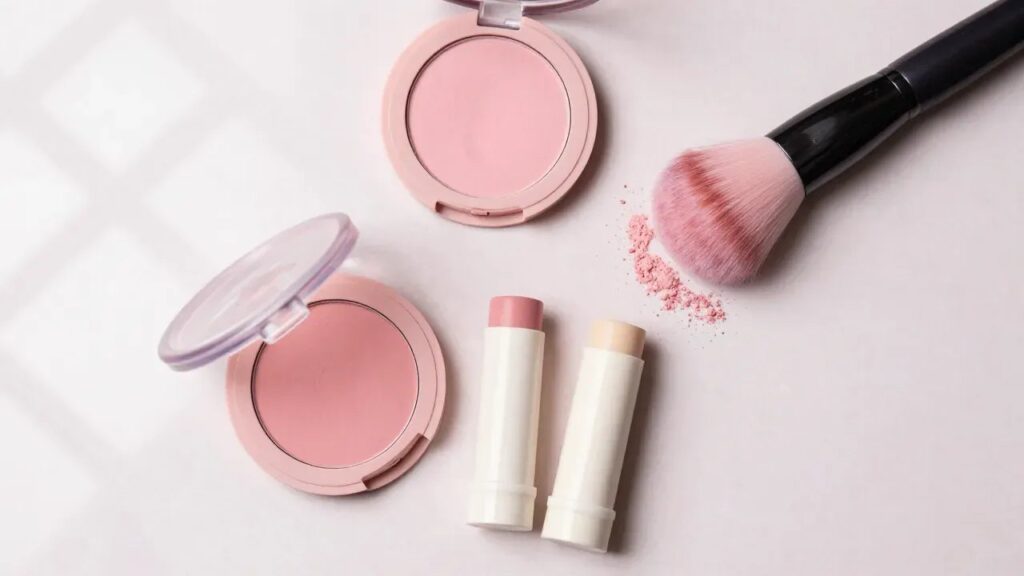 Rosy pink powder blush compacts and cream blush sticks with a fluffy brush on a pale pink surface