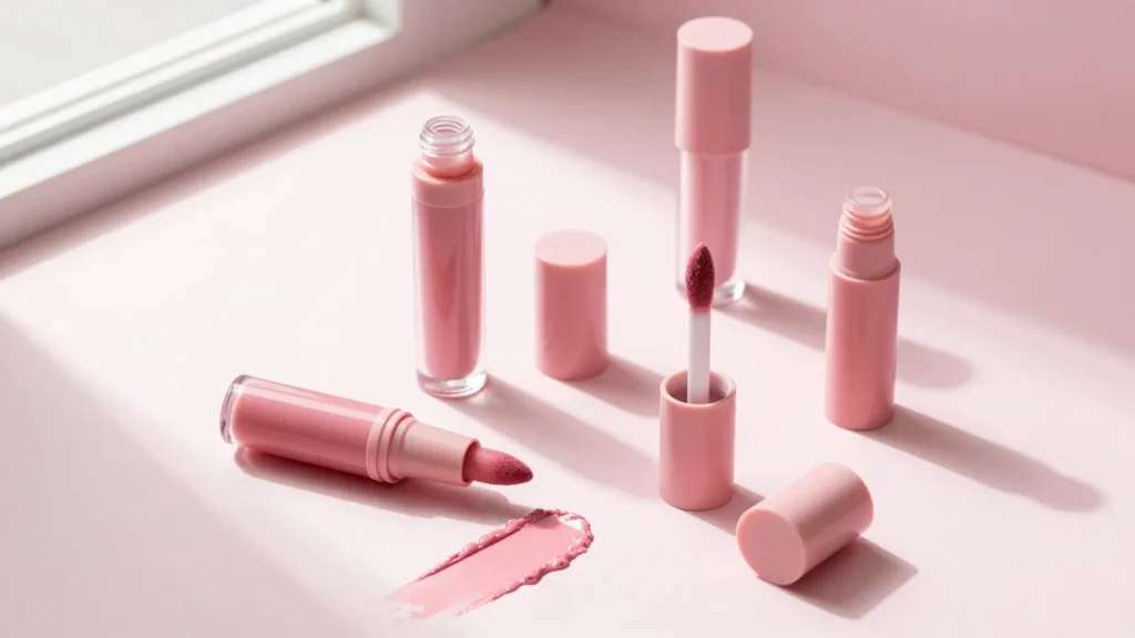 Pink liquid blush bottles and cream blush sticks on a soft pink surface
